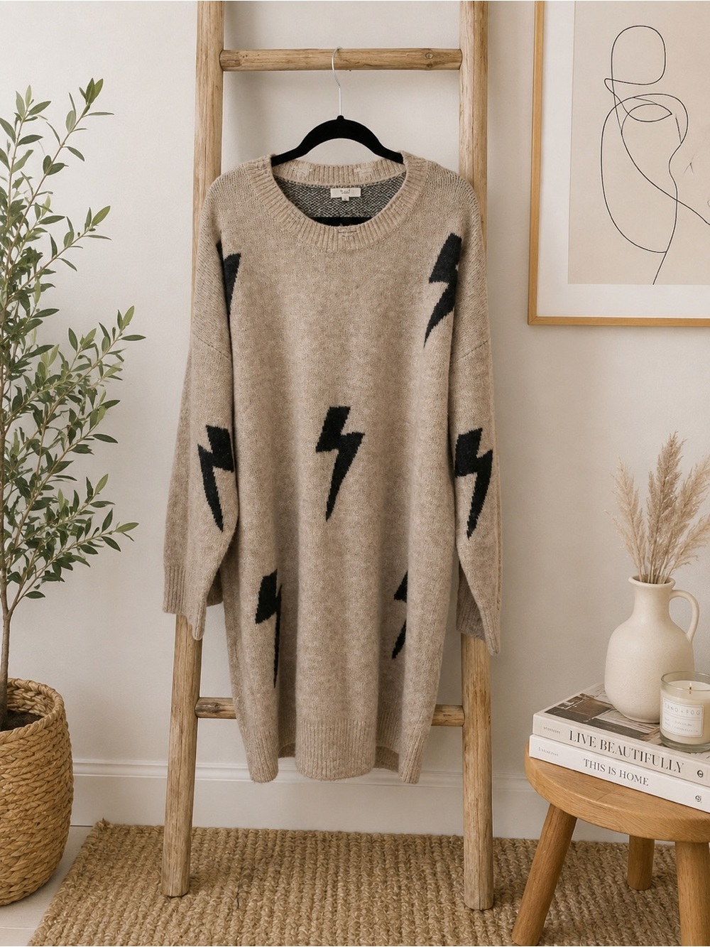 Neutral Beige Lightning Bolt Oversized Knit Sweater Dress
